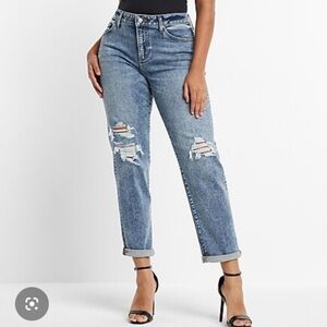 Express Women's Boyfriend Jeans in Medium Blue with Distressed Knees